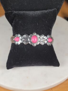 Pink Stone Silver Floral Cuff Bracelet